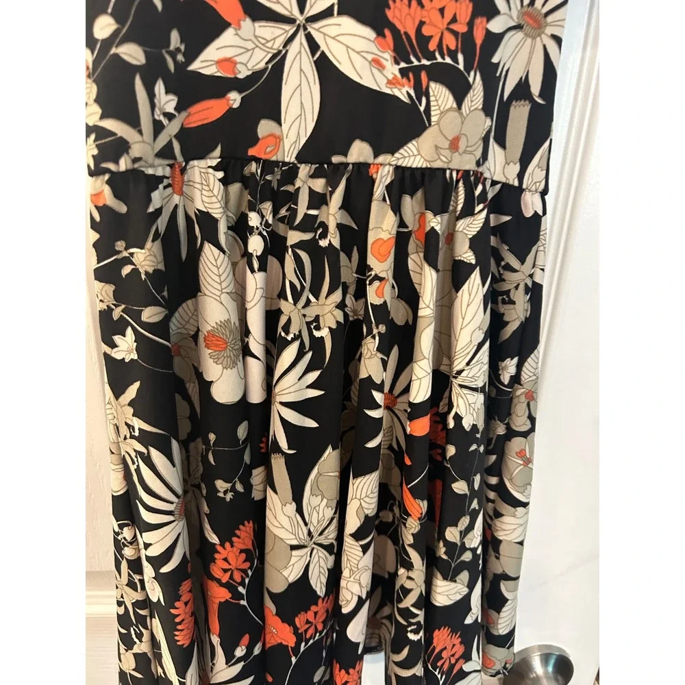 DotDotSmile Fit and Flare‎ Dress Black Orange Floral Puff Sleeve Twirl Dress 3/4